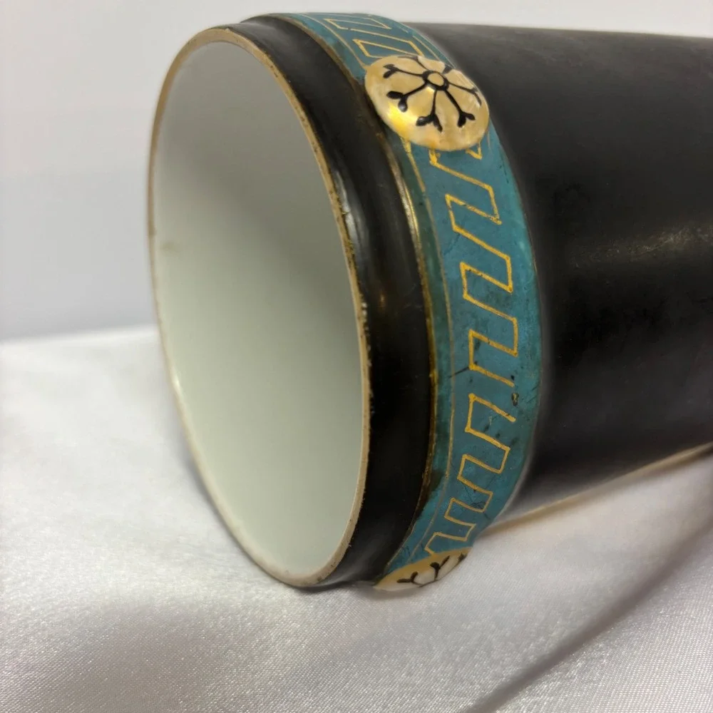 Antique Old Paris Porcelain Portrait Vase Black Gold Trim Decorative‎